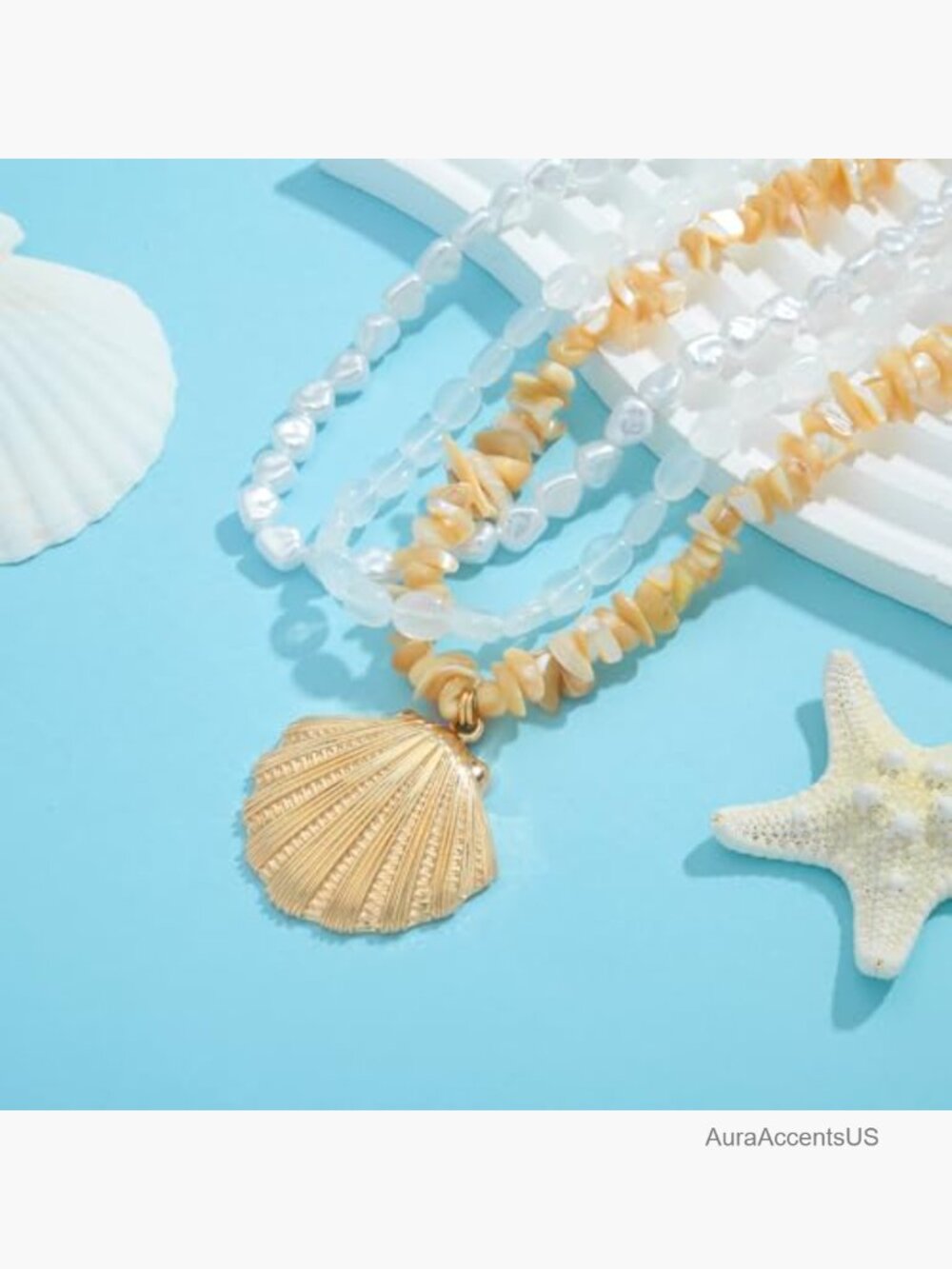 3-Layer Seashell Pendant Necklace, Gold Brass Beach Necklace for Women - Picture 6 of 7